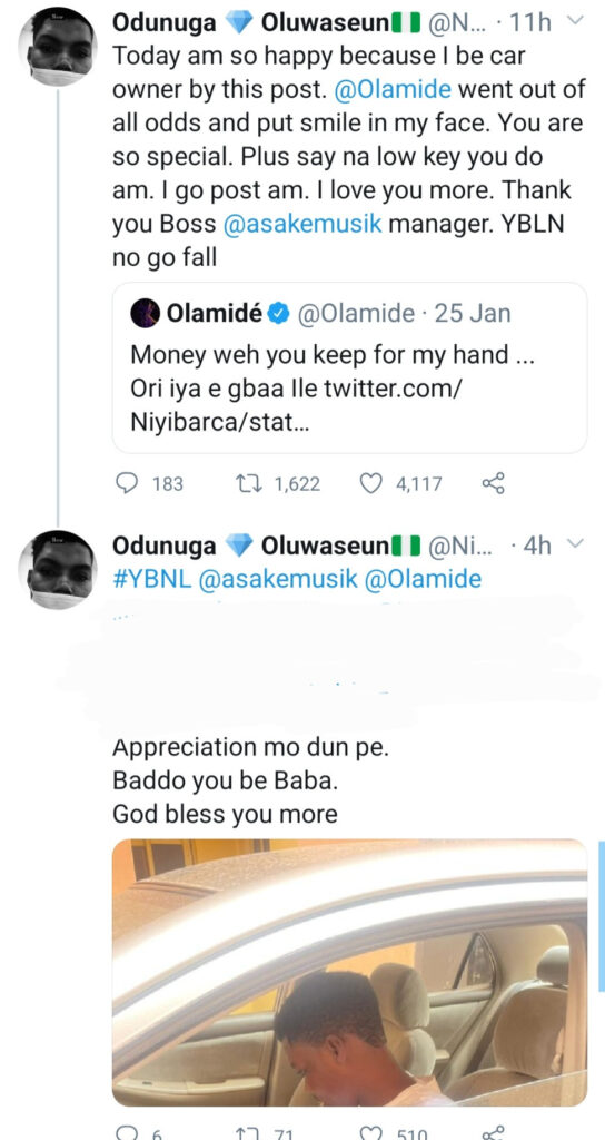 Olamide buys car for Twitter user he called out 4 months ago