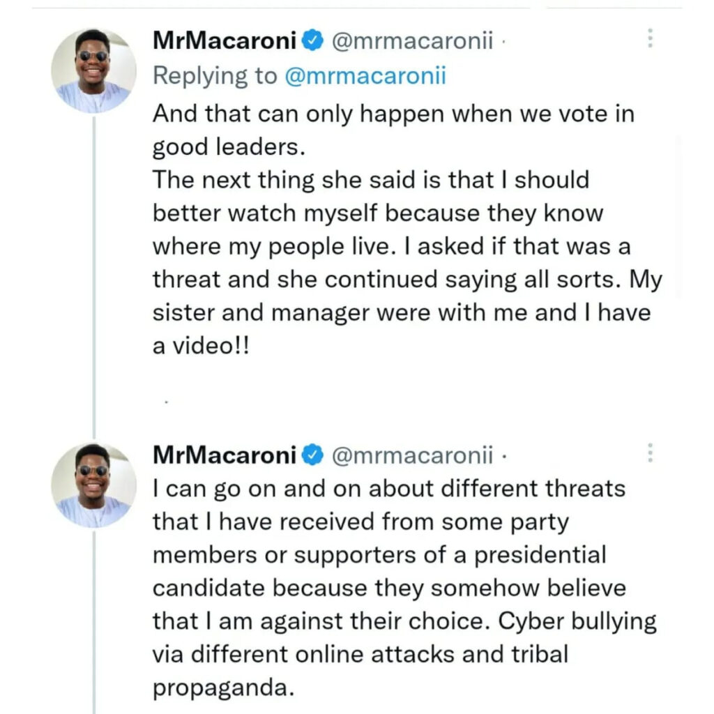 Mr Macaroni Raises Alarm Over Threat Against His Life & Family For Not Supporting A ‘Particular Presidential Candidate’