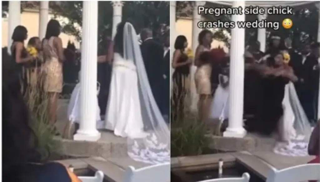 Pregnant side chick crashes boyfriend’s wedding (video)