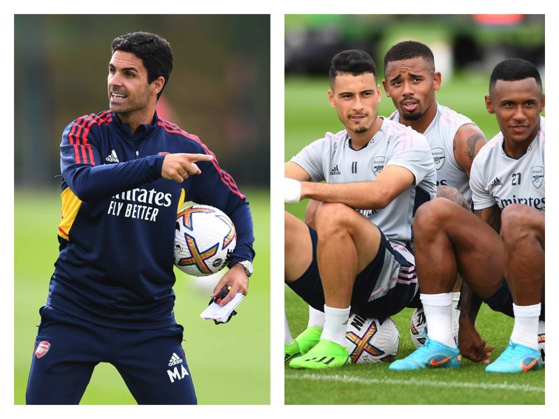 Mikel Arteta and some Arsenal players at training on Thursday