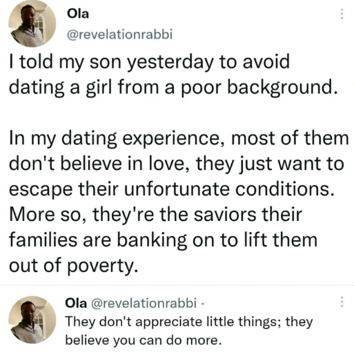 Most girls from poor background do not believe in love - Nigerian dad tells his son || Details