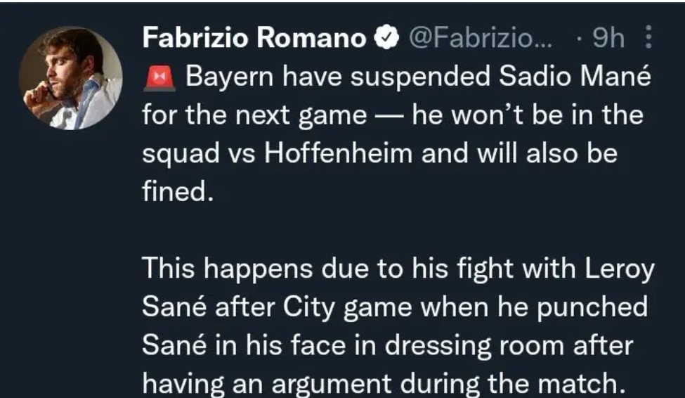 Bayern Munich Contemplating transfer Sadio Mane As a penalty For Punching Leroy Sane