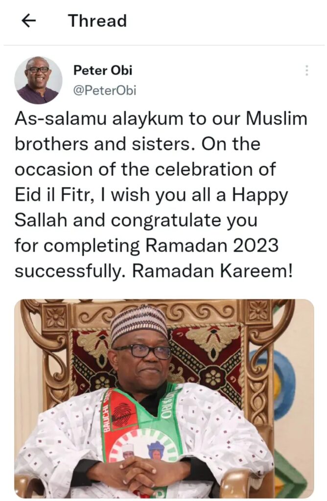 Reactions trails as Peter Obi shares photo of himself in Muslim attire as he wishes them Happy Sallah