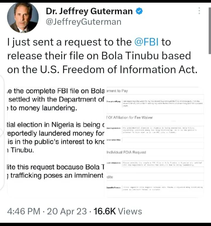 Drug Trafficking: Dr Jeffrey Gutterman Just Sent A Request To FBI To Launch Their File On Tinubu
