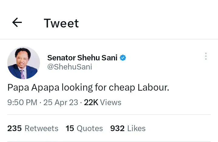 Reactions Trail As Shehu Sani Says Lamidi Apapa Is Trying For Low Budget Labour