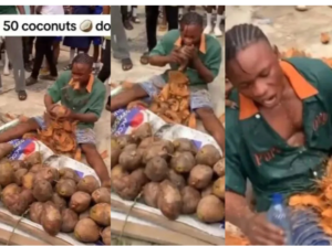 Nigerian man causes stir as he attempts to set Guinness World Record by peeling 50 coconuts with his teeth