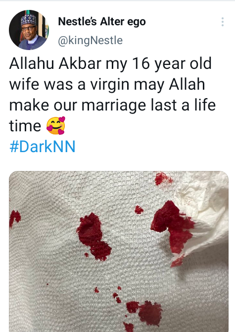Man says as he shares photo of blood-stained bedsheet "My 16-year-old wife was a virgin. May Allah make our marriage last a life time"