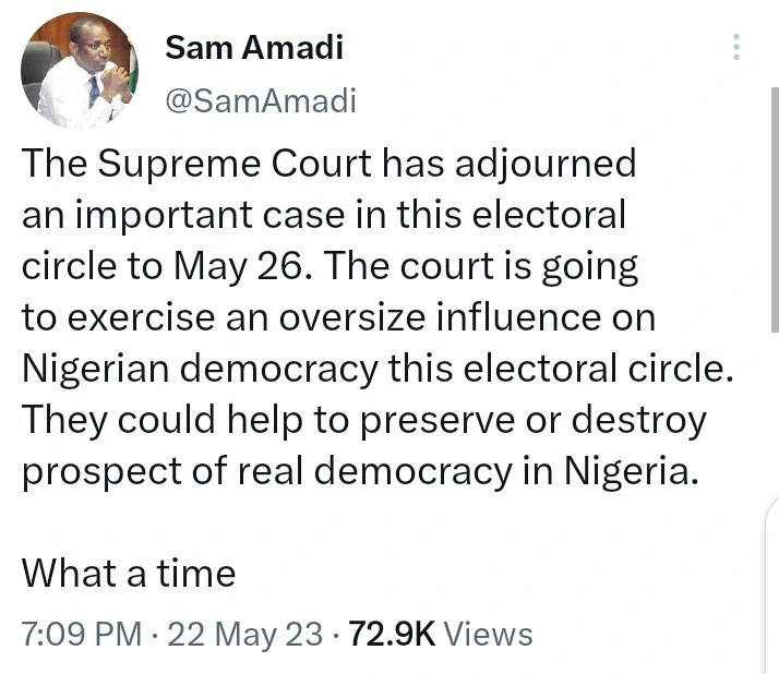 Sam Amadi Reacts As Supreme Court Fixes May 26 For Judgement On Tinubu's Eligibility