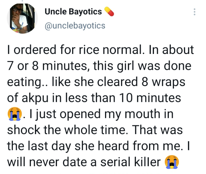 Man breaks up With Girlfriend after watching her eat eight wraps of fufu on first date (Video)
