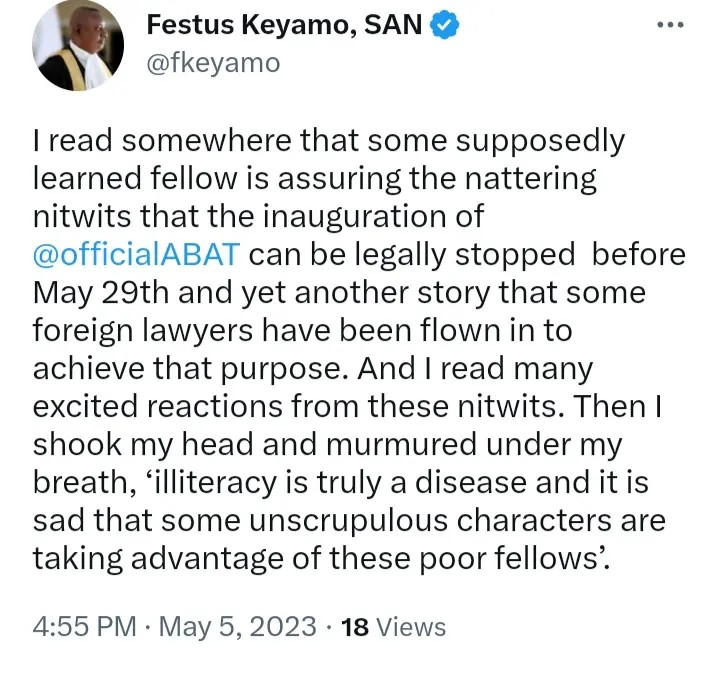 Keyamo Reacts After Someone Assured OBIdients That Tinubu's Inauguration Can Be Terminated