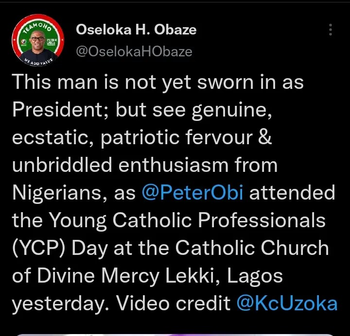 “This Man Is Not Yet Sworn In As President” – Obaze Reacts As People Hail Peter Obi In Church