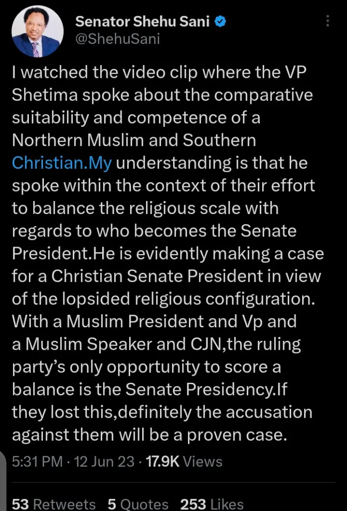 Shehu Sani: What I Got When I Watched VP Spoke About A Northern Muslim & Southern Christian