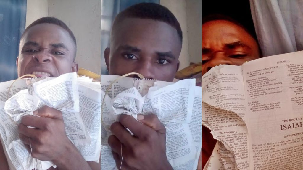 “God Has No POWER” Nigerian Man Tears The Holy Bible Into Pieces & Uses It As ‘Toilet Paper (Photos)