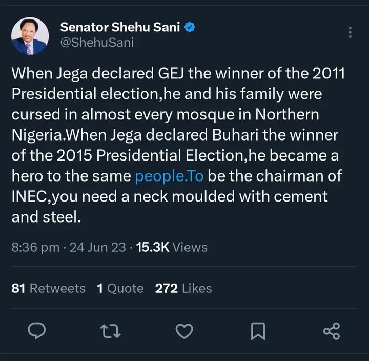 Shehu Sani Claims Jega Was Cursed in Mosques in the North After Declaring GEJ Winner of 2011 Election