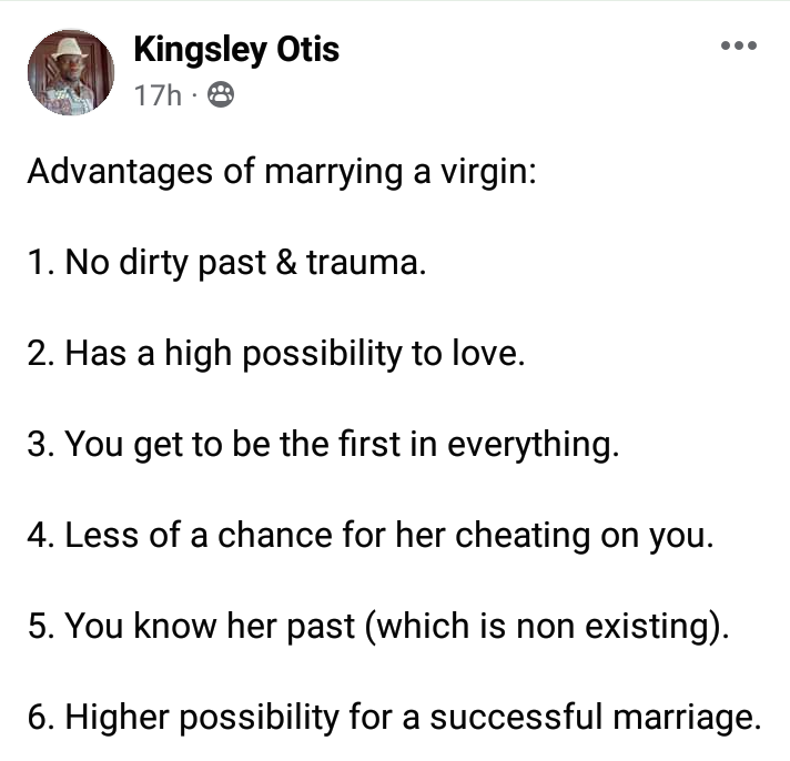 Nigerian man highlights 'advantages' of marrying a virgin